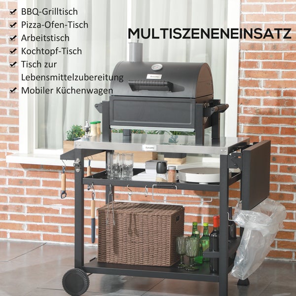 Mobiler Küchenwagen und Grilltisch mit Edelstahlarbeitsplatte, Ablagefächern und Haken für Grillutensilien.