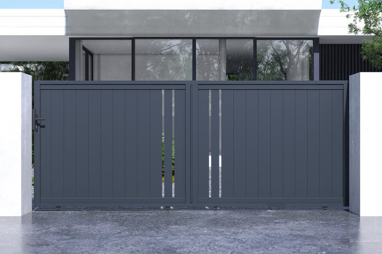 Schiebetor 4m GIONA H.160cm graues Aluminium + 2 Pfosten 20x20cm H.190cm