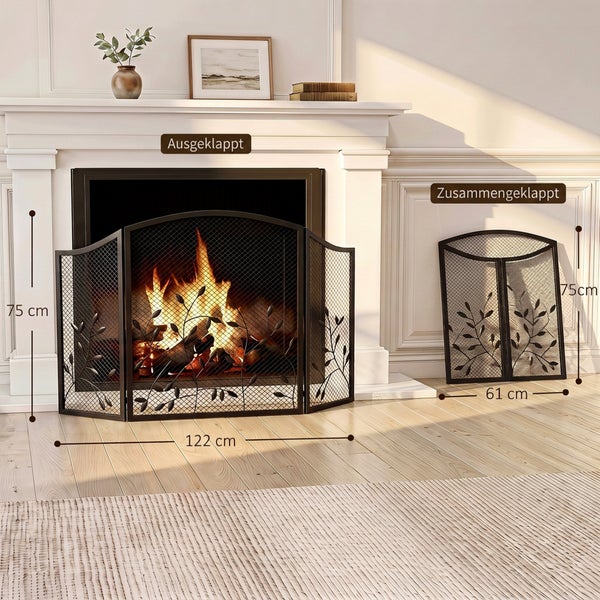 Dreiteiliges Funkenschutzgitter aus Metall mit floralem Design vor einem Kamin inklusive Maßangaben für ausgeklappten und zusammengeklappten Zustand.