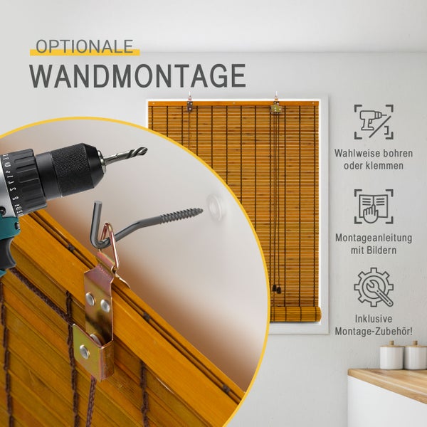 Optionale Wandmontage für Bambusrollo durch Bohren oder Klemmen, inklusive Montagezubehör und bebilderter Anleitung.