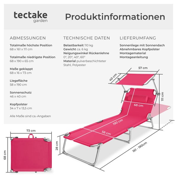 Produktinformationen zur tectake garden Sonnenliege mit Maßen, technischen Daten und Lieferumfang sowie Illustration der Abmessungen.