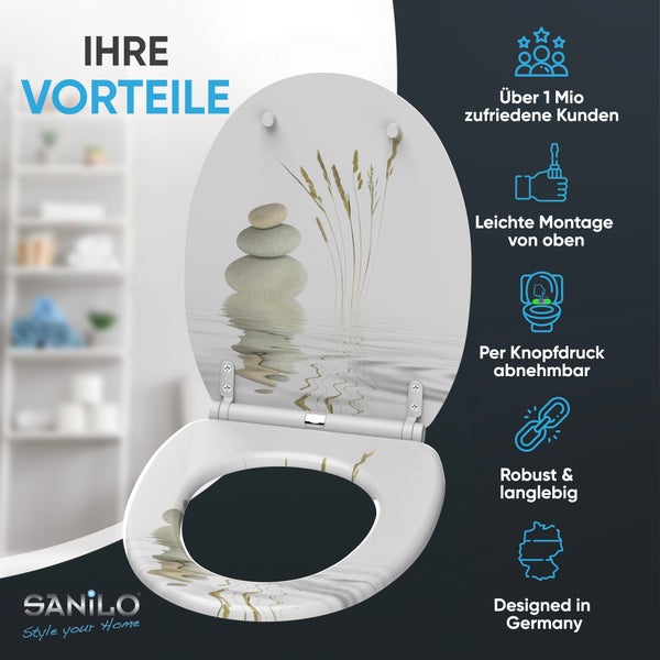 Sanilo WC-Sitz mit Steinmotiv und Produkteigenschaften.