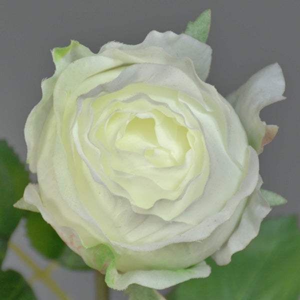 Künstliche Rose mit weißer Blüte, grünen Blättern und langem Stiel.