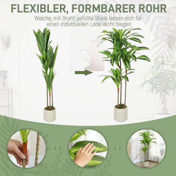 Künstliche Dracaena Pflanze mit biegsamen, drahtverstärkten Stielen für eine individuelle Gestaltung im weißen Topf.