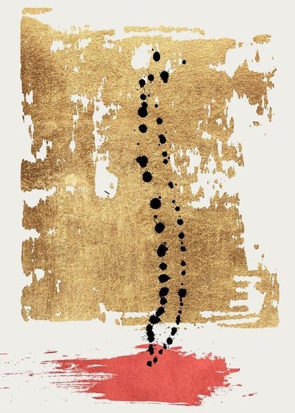 Abstraktes Wandbild mit goldfarbener Struktur, schwarzen Farbspritzern und einem roten Pinselstrich.