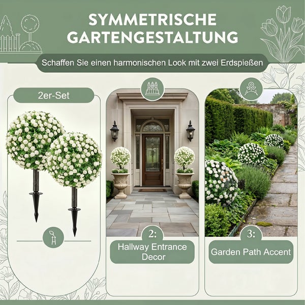 Infografik zeigt ein Set mit zwei künstlichen Blumenkugeln mit weißen Blüten auf Erdspießen zur Dekoration von Hauseingängen und Gartenwegen.