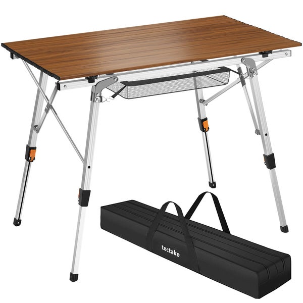 Klappbarer Campingtisch mit Aluminiumplatte in Holzoptik, höhenverstellbaren Beinen, Aufbewahrungsnetz und Tragetasche mit tectake Logo.