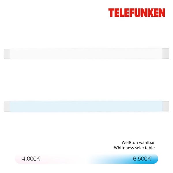 Telefunken Logo, zwei Lichtleisten mit wählbarer Farbtemperatur zwischen 4000 Kelvin und 6500 Kelvin.