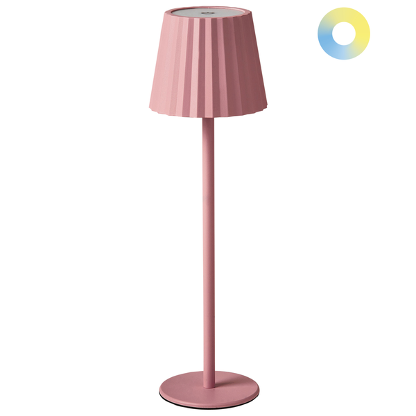 Schlanke, altrosa LED-Tischleuchte mit plissiertem Schirm, rundem Standfuß und Symbol für einstellbare Farbtemperatur.