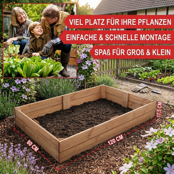 Rechteckiges Holz-Hochbeet im Garten, 120 mal 80 mal 17,5 Zentimeter, mit Erde befüllt, bietet viel Platz und einfache Montage für die ganze Familie.