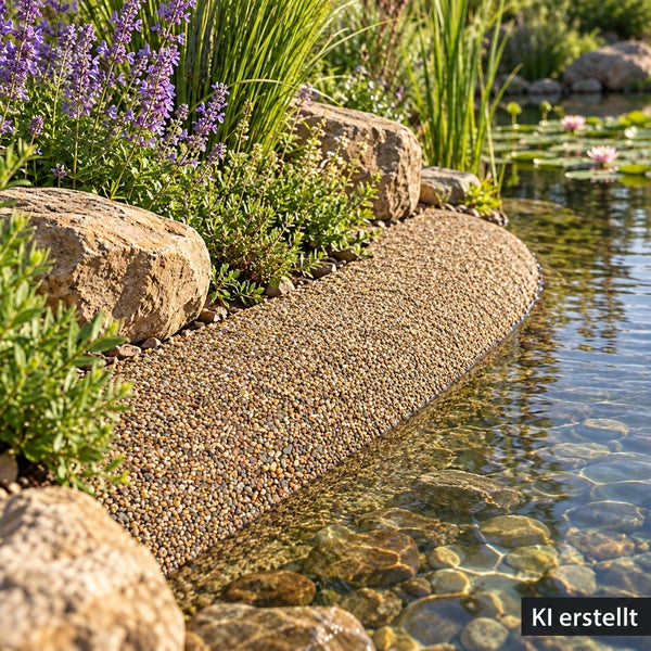 Gartenteich mit Uferbefestigung aus Kies und Natursteinen, umgeben von Staudenpflanzen und Wasserpflanzen.