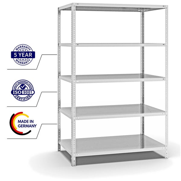 PROREGAL Fachbodenregal Schraubsystem Heavy-Duty Grundregal HxBxT 200 x 130 x 80 cm 5 Ebenen Fachlast 350 kg Beidseitig Nutzbar Lichtgrau