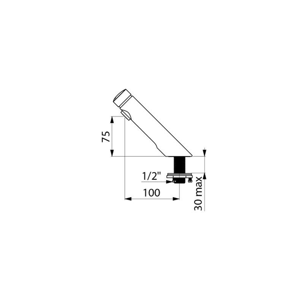 Technische Zeichnung einer Armatur mit Maßen in Millimeter: Ausladung 100, Höhe 75, Anschluss 1/2 Zoll, maximale Dicke 30.