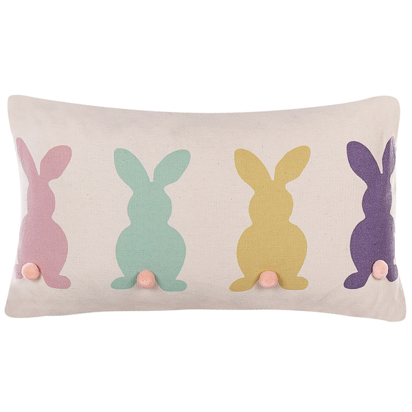 Rechteckiges Kissen für Ostern mit Hasenmotiven und Pompon Schwänzen