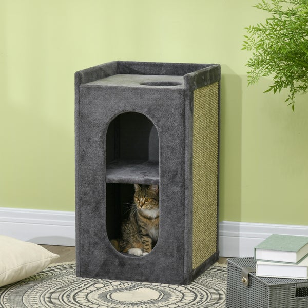 PawHut Kratztonne, Höhe 81 cm, Katzenkratzbaum mit 2 Höhlen, Kratzturm mit Kratzbrett, Katzenturm mit 2 Ebenen, Katzentonne für Katzen bis 6 kg, Dunkelgrau
