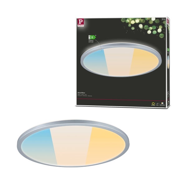 Paulmann Atria Shine LED Deckenleuchte rund in mattem Chrom mit verstellbarer Farbtemperatur und Hintergrundbeleuchtung in der Verpackung.