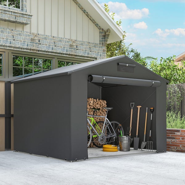 Verstellbare Gartenliege mit Metallgestell, schwarzem Textilbezug, integriertem Kopfpolster und seitlicher Aufbewahrungstasche.