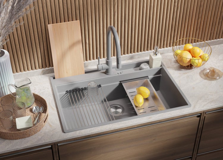 PRIMAGRAN Spülbecken Grau 78x53cm, Granitspüle 1 Becken + Ablauf-Set + Küchenzubehörset, Küchenspüle ab 80er Unterschrank - Oslo Pocket