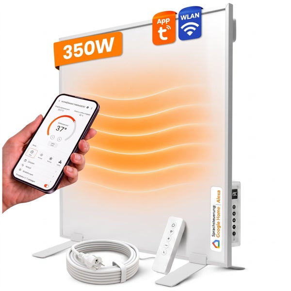 WLAN Infrarotheizung 350 Watt mit App Steuerung, Fernbedienung und Sprachsteuerung für Google Home und Amazon Alexa