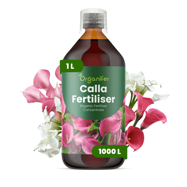 Organifer Calla Dünger, organisches Düngerkonzentrat, 1 Liter Flasche für 1000 Liter, mit Calla-Blüten.