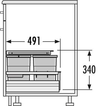 Maßzeichnung eines Mülltrennsystems für den Unterschrank mit einer Breite von 491 Millimetern und einer Höhe von 340 Millimetern.