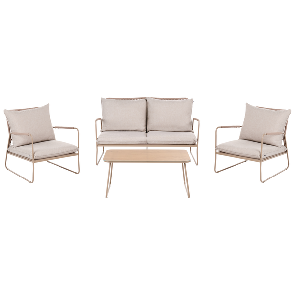 Garten-Lounge-Set, vierteilig, inklusive Zweisitzer-Sofa, zwei Sesseln und Couchtisch mit Glasplatte.