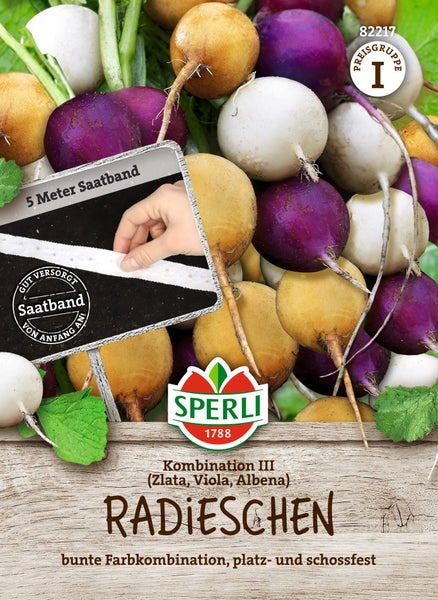 Saatgut für Radieschen Kombination drei Zlata Viola Albena als fünf Meter Saatband von Sperli