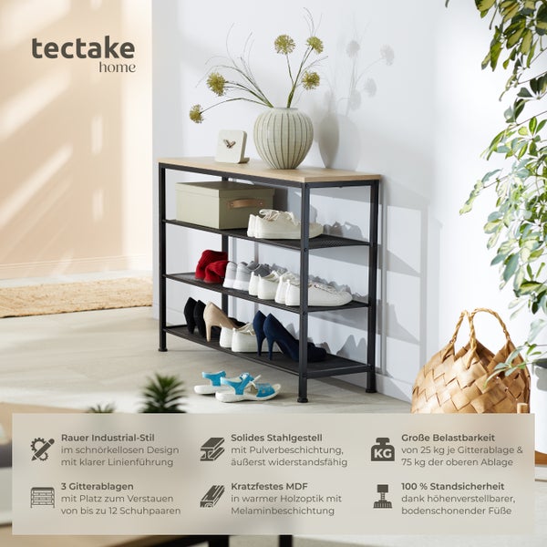 Schuhregal im Industrie-Stil mit drei Ablagen und Schuhen