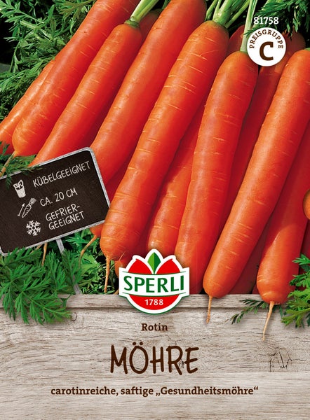 Sperli Saatgut Möhre Rotin für den Anbau im Kübel geeignet, circa 20 Zentimeter Wuchshöhe, gefriergeeignet.