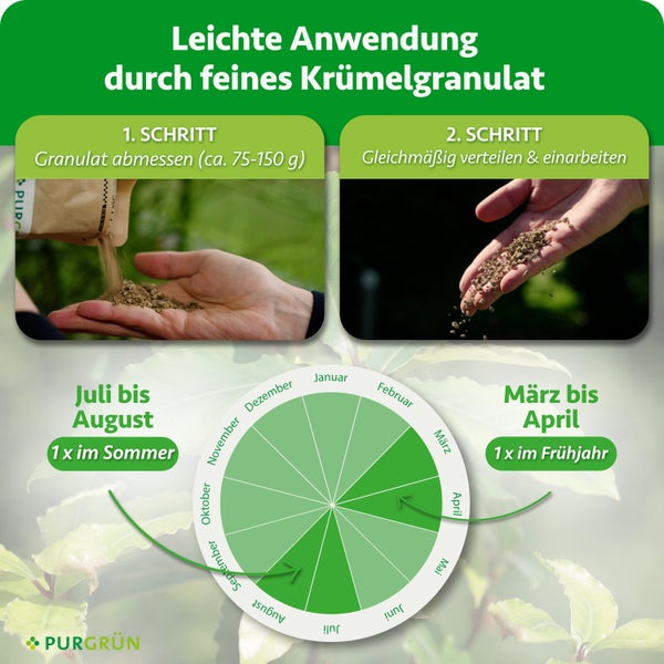 Anwendungshinweise für Purgrün Granulat mit Dosierung und saisonalem Düngeplan für Frühjahr und Sommer