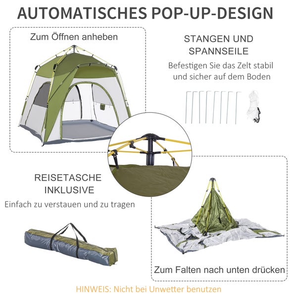 Outsunny Campingzelt, 4 Personen Zelt,   240 x 240 x 199 cm, Aluminiumlegierung,Glasfaser, Grün+Grau