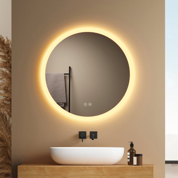 EMKE Badspiegel mit Beleuchtung LED-Spiegel mit Touchschalter ф50cm,  rund, Anti-Beschlag, 3 dimmbare Lichtfarben