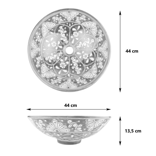 Abmessungen eines runden Aufsatzwaschbeckens mit floralem Dekor und einem Durchmesser von 44 cm und einer Höhe von 13,5 cm.