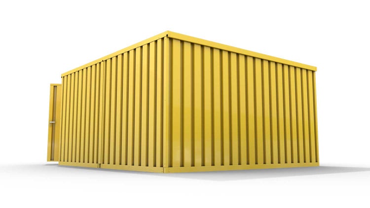 Lagercontainer Gerätehaus M2  – 12 qm, H2150 x B3050 x T4340 mm, Außenwandlackierung RAL 1003 signalgelb, Dach außen verzinkt, mit Holzfußboden, 1830 mm Doppelflügeltür mittig in Stirnseite, montiert