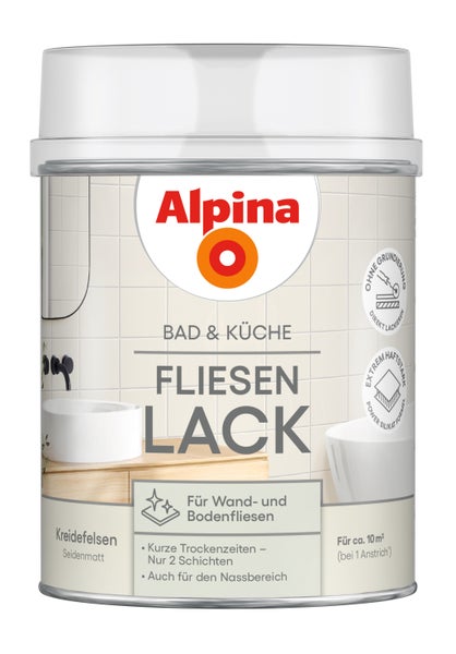 Alpina Bad und Küche Fliesenlack Kreidefelsen seidenmatt für Wand- und Bodenfliesen, ohne Grundierung, Ergiebigkeit circa 10 Quadratmeter.