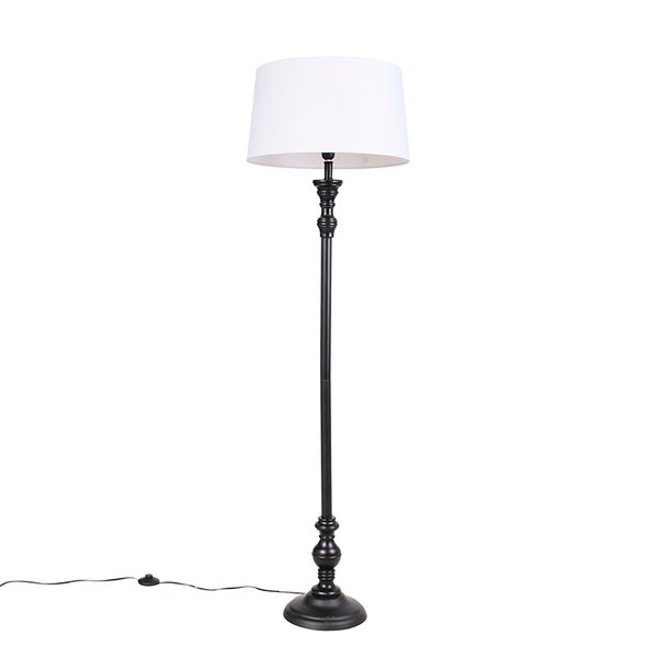 QAZQA - Klassisch I Antik Stehlampe schwarz mit Leinenschirm weiß 45cm - Classico I Wohnzimmer I Schlafzimmer - Textil Länglich I Rund - LED geeignet E27