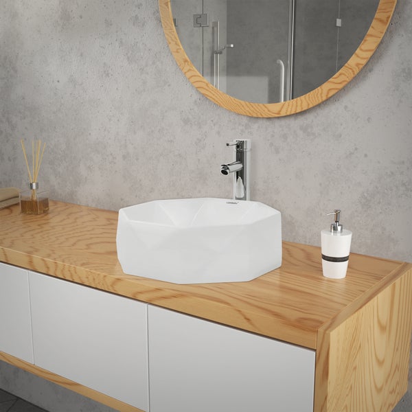 ML-Design Waschbecken Keramik Weiß glänzend Ø42x13,5 cm inkl. Ablaufgarnitur, Diamant Design, Aufsatzwaschbecken ohne Überlauf, Moderne Waschtisch Waschschale Waschplatz Handwaschbecken für Badezimmer