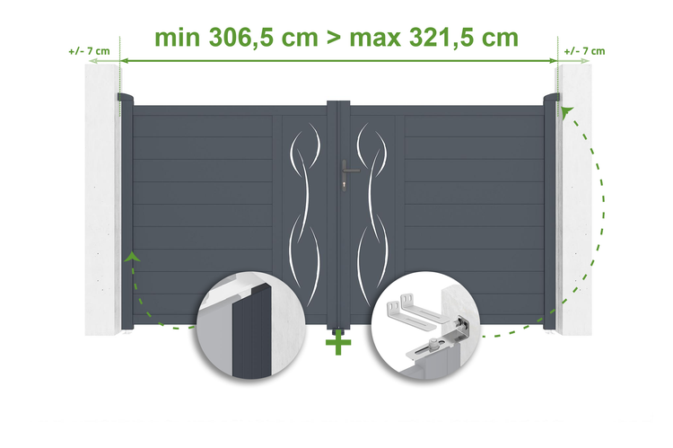 Illustration eines Gartentors mit Breitenangaben und Montagehinweisen