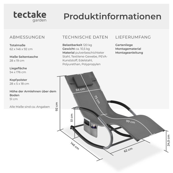 Gartenliege tectake Taya abnehmbares Kopfpolster, seitliche Aufbewahrungstasche ergonomisch, mit Komfort-Schwingbewegung grau
