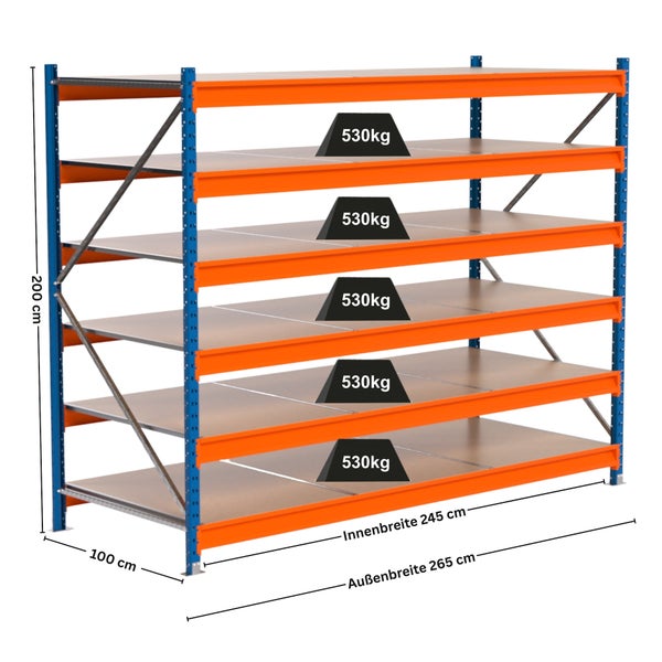 Lagerregal mit fünf Ebenen, Traglast 530 Kilogramm je Ebene