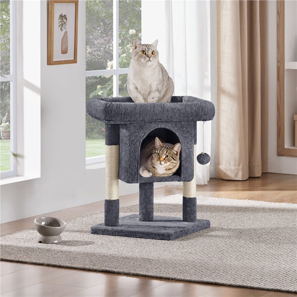 Katzenkratzbaum mit zwei Katzen, eine oben und eine in der Höhle