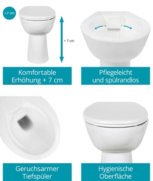 Calmwaters® Spülrandloses WC Komplettset Elements Wellness mit Toilettendeckel, erhöhtes Stand WC + 7 cm, abnehmbarer WC-Sitz mit Absenkautomatik & Schnellbefestigung, Tiefspüler, Weiß, 07AB3134