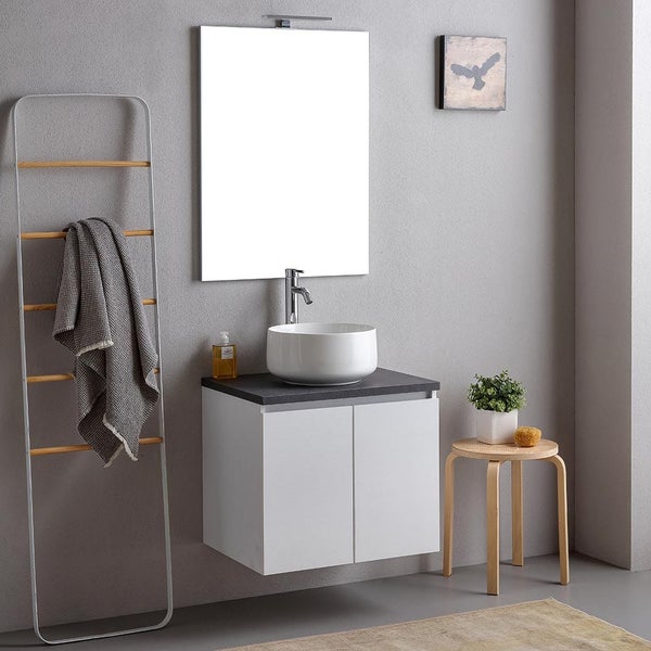 Modernes Badmöbel-Set mit weißem Hängeschrank, dunkler Waschtischplatte, rundem Aufsatzwaschbecken und großem Wandspiegel.