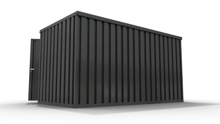 Lagercontainer Gerätehaus L  – 8 qm, H2150 x B4050 x T2170 mm, Außenwandlackierung anthrazit, Dach außen verzinkt, mit Holzfußboden, 1830 mm Doppelflügeltür mittig in Breitseite und 1270 mm Einflügeltür mittig in Stirnseite, montiert