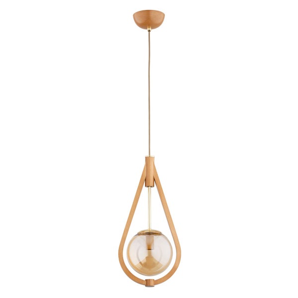Moderne Pendelleuchte in Tropfenform mit Holzrahmen und Glaskugel für eine stilvolle Innenbeleuchtung.