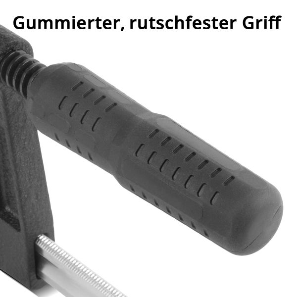 Gummierter, rutschfester Griff einer Schraubzwinge