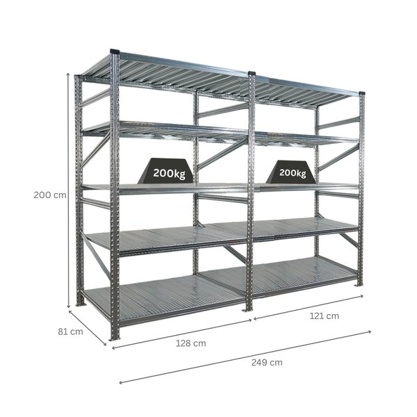 Metallregal mit fünf Ebenen und Maßangaben