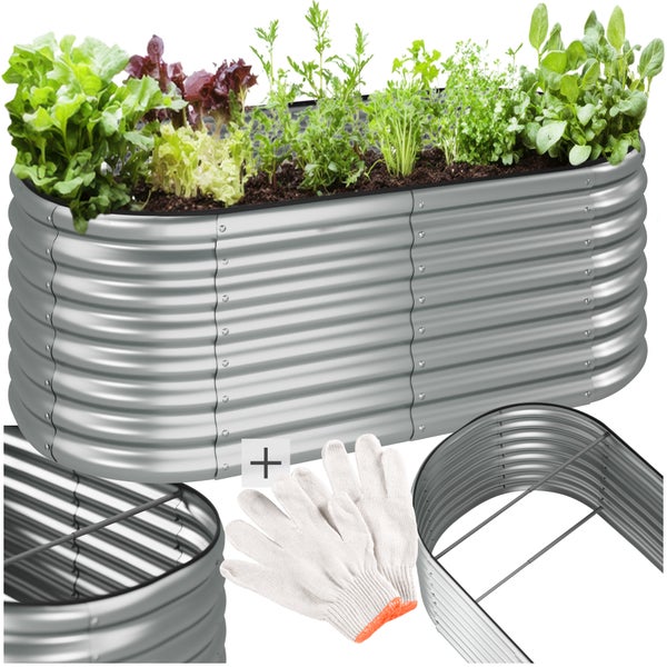 Hochbeet aus Metall mit Pflanzen, Bodengitter und Gartenhandschuhen