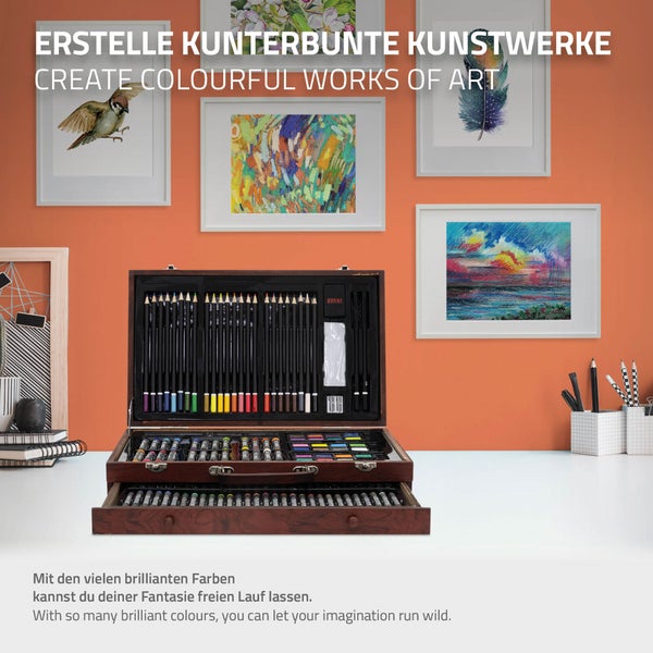 ECD Germany Malset 141 Teiliges, Holz Malkoffer für Kinder & Erwachsene, XXL Malkasten, Kunst Set Zeichenset mit Buntstiften, Ölpastellkreiden, Buntstiften, Skizzenstiften, Aquarellkuchen & Zubehör