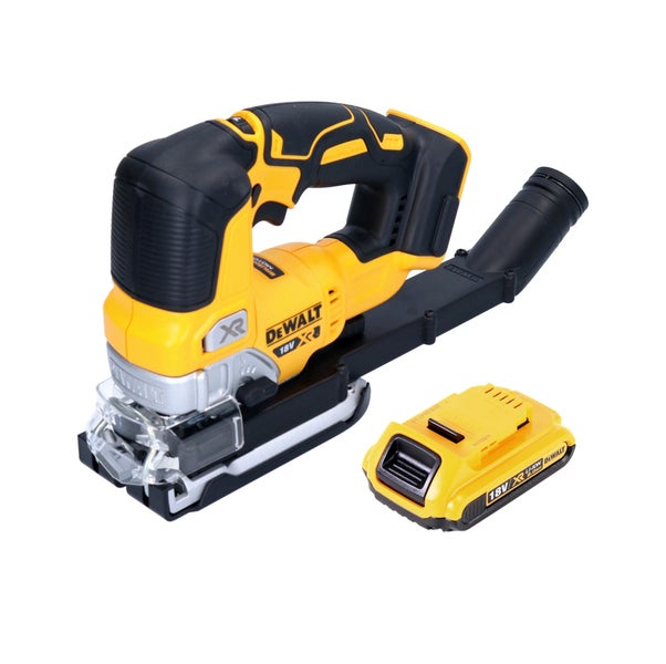DeWalt 18 Volt Akku-Stichsäge mit Staubabsaugung-Adapter und separatem Akku.